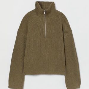 H&M Ribbed Half-Zip Knit Sweater | Olive Green | Size S | Cozy Minimal 💚